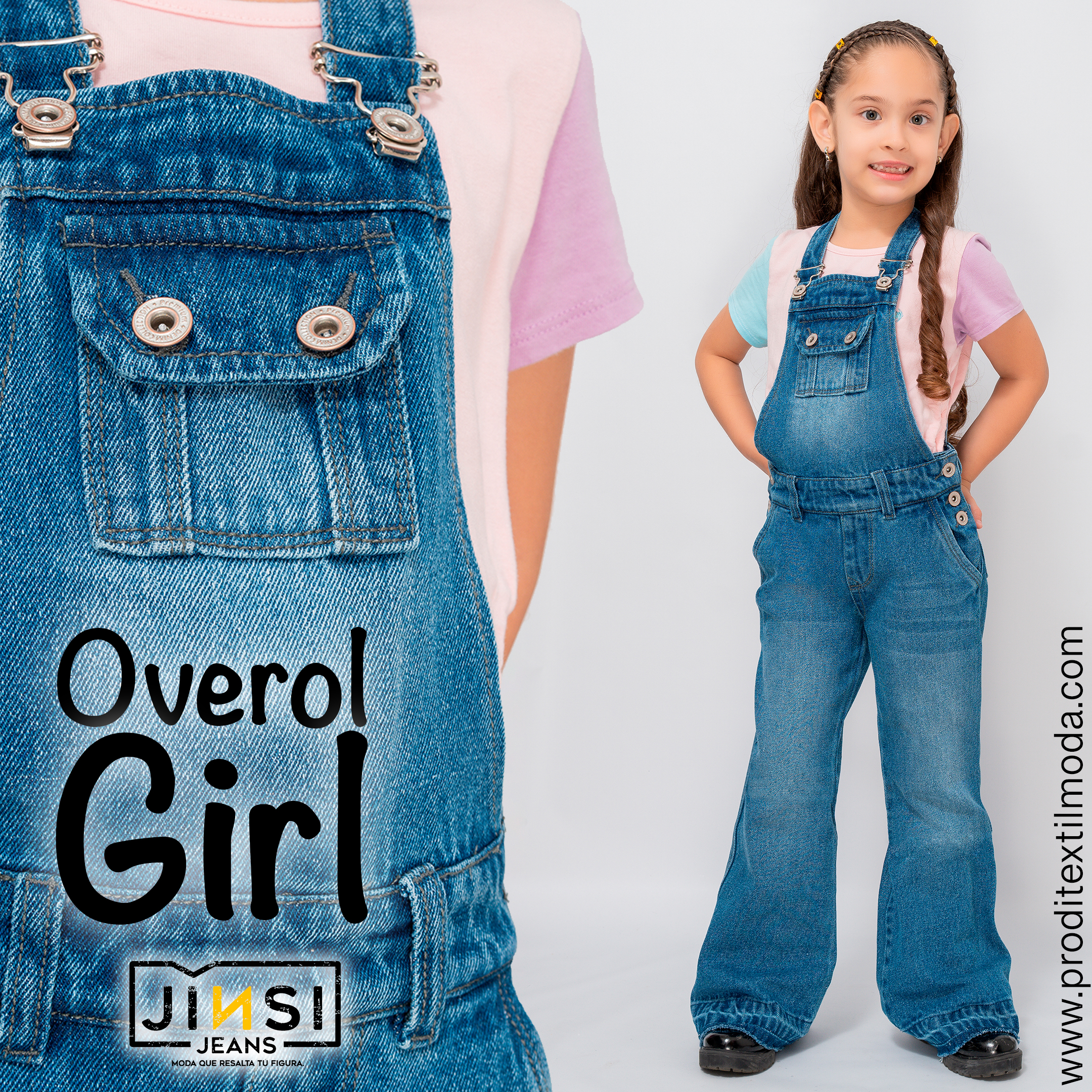 post-jinsi-jeans-fabricante-denim-colombia-167 overol denim para niña, premium, pantalon semi strech y semi rigido según estilo diseñado para resaltar dar comodidad y flexibilidad manteniendo un estilo infantil.