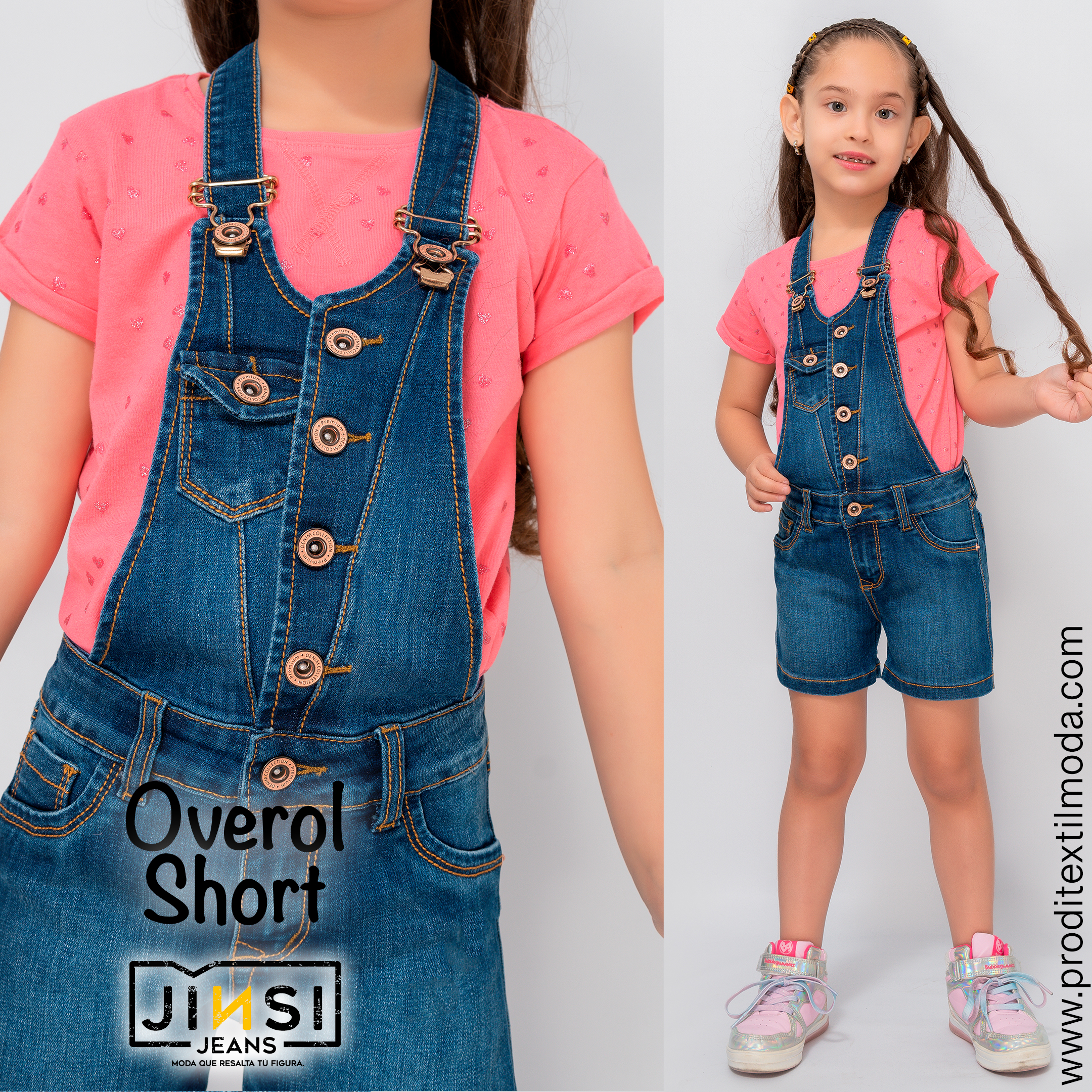 overol short denim para niña, premium, pantalon semi strech y semi rigido según estilo diseñado para resaltar dar comodidad y flexibilidad manteniendo un estilo infantil.