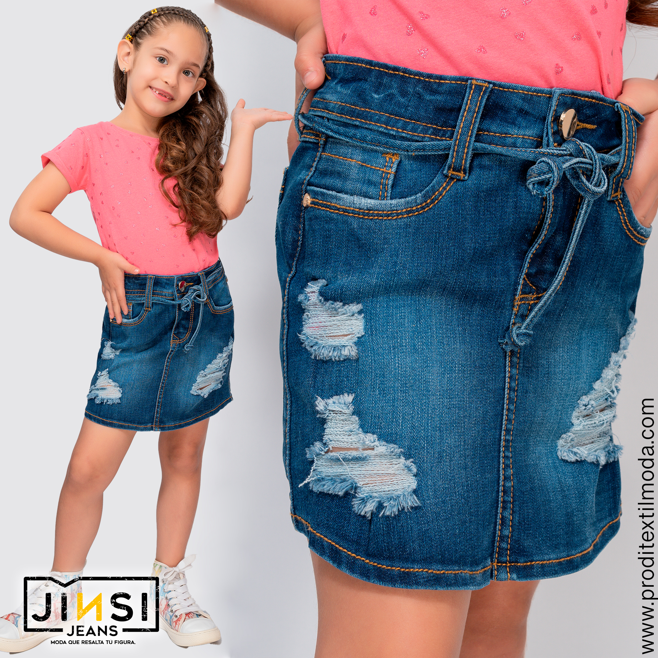 Falda jean para niña, premium, pantalon semi strech y semi rigido según estilo diseñado para resaltar dar comodidad y flexibilidad manteniendo un estilo infantil.